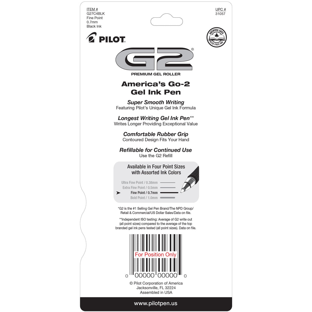 Pilot G2 Premium Retractable Gel Ink Pens, Fine Point, Black Ink, 4 Count