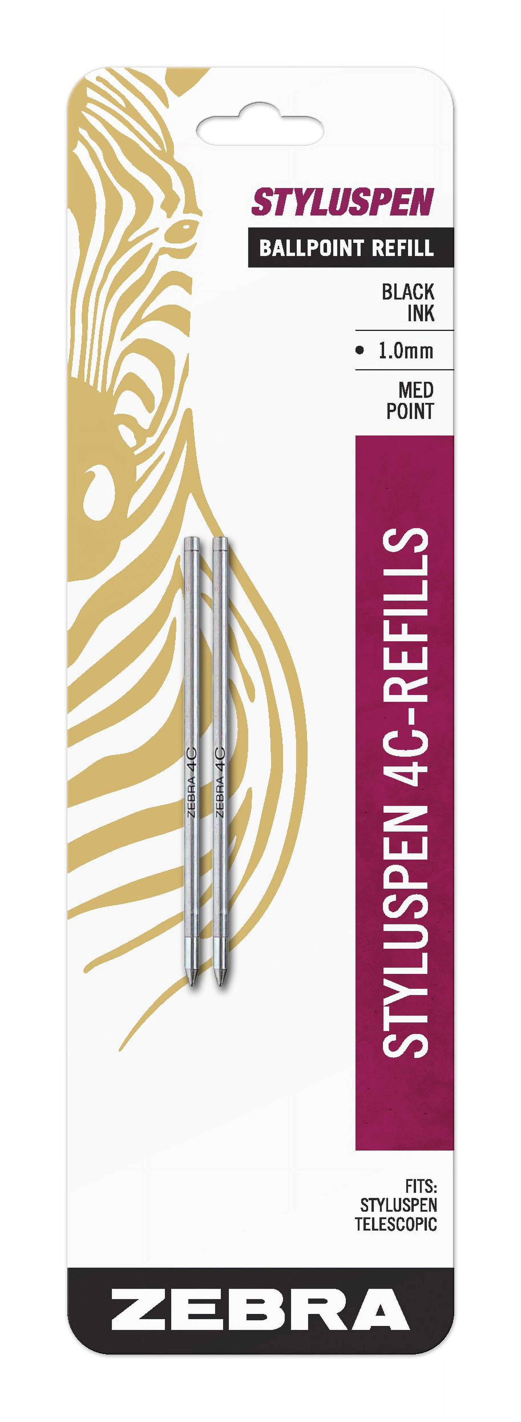 Zebra StylusPen™ Telescopic Ballpoint Pen Refills, Medium Point, 1.0 mm, Black Ink, Pack Of 2