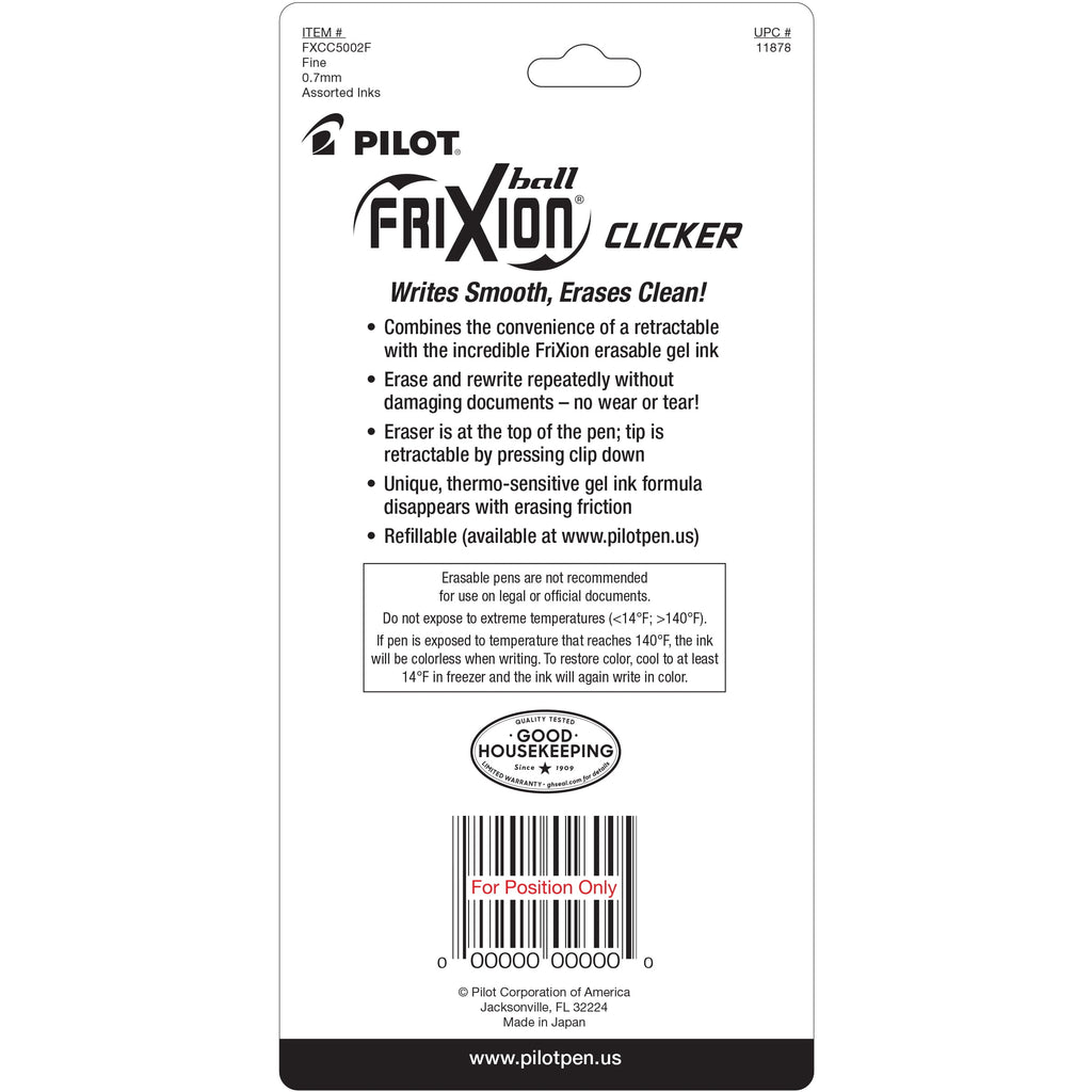 Pilot FriXion Clicker Erasable Gel Ink Pens, Fine Point, 0.7mm, Assorted Ink, 5 Count