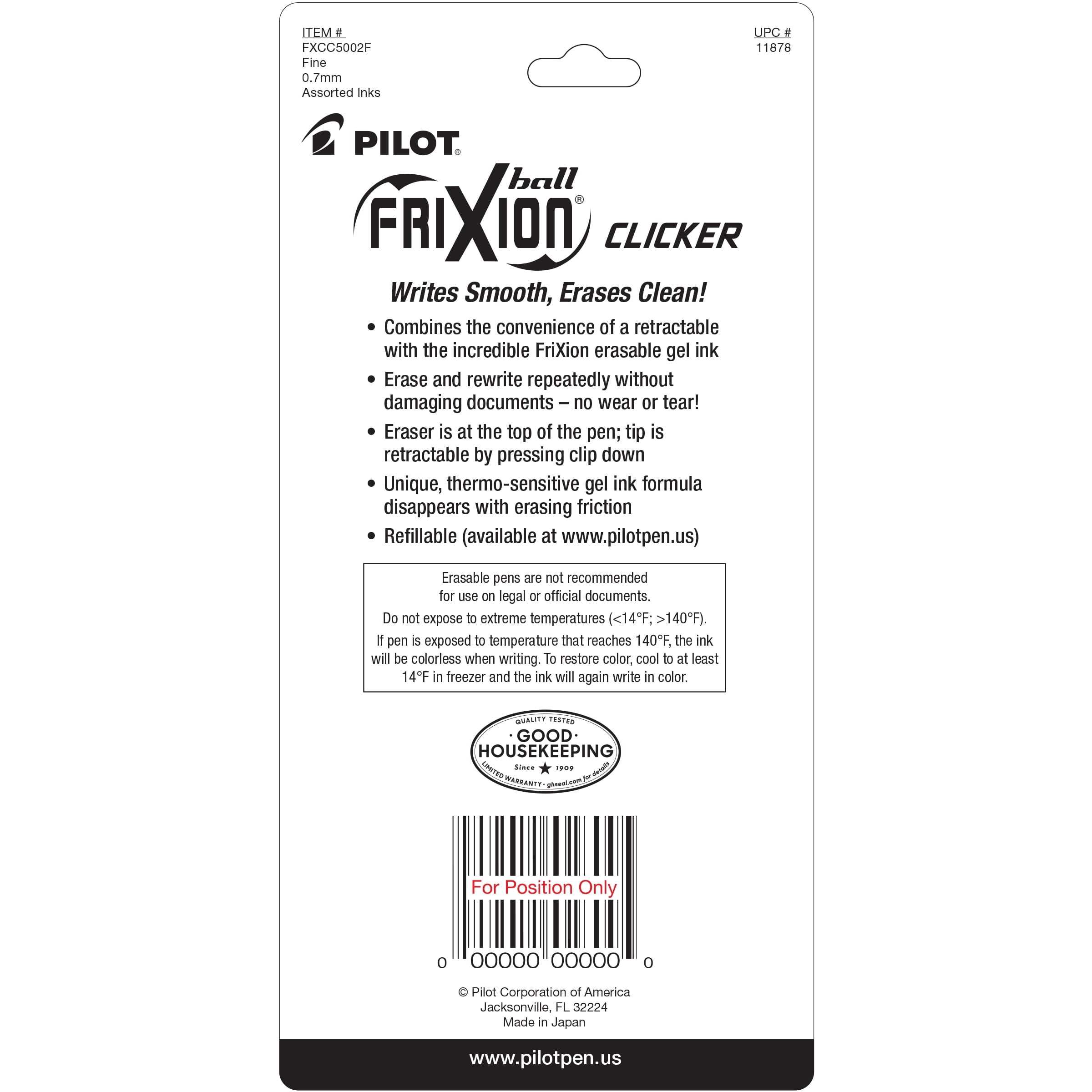 Pilot FriXion Clicker Erasable Gel Ink Pens, Fine Point, 0.7mm, Assorted Ink, 5 Count