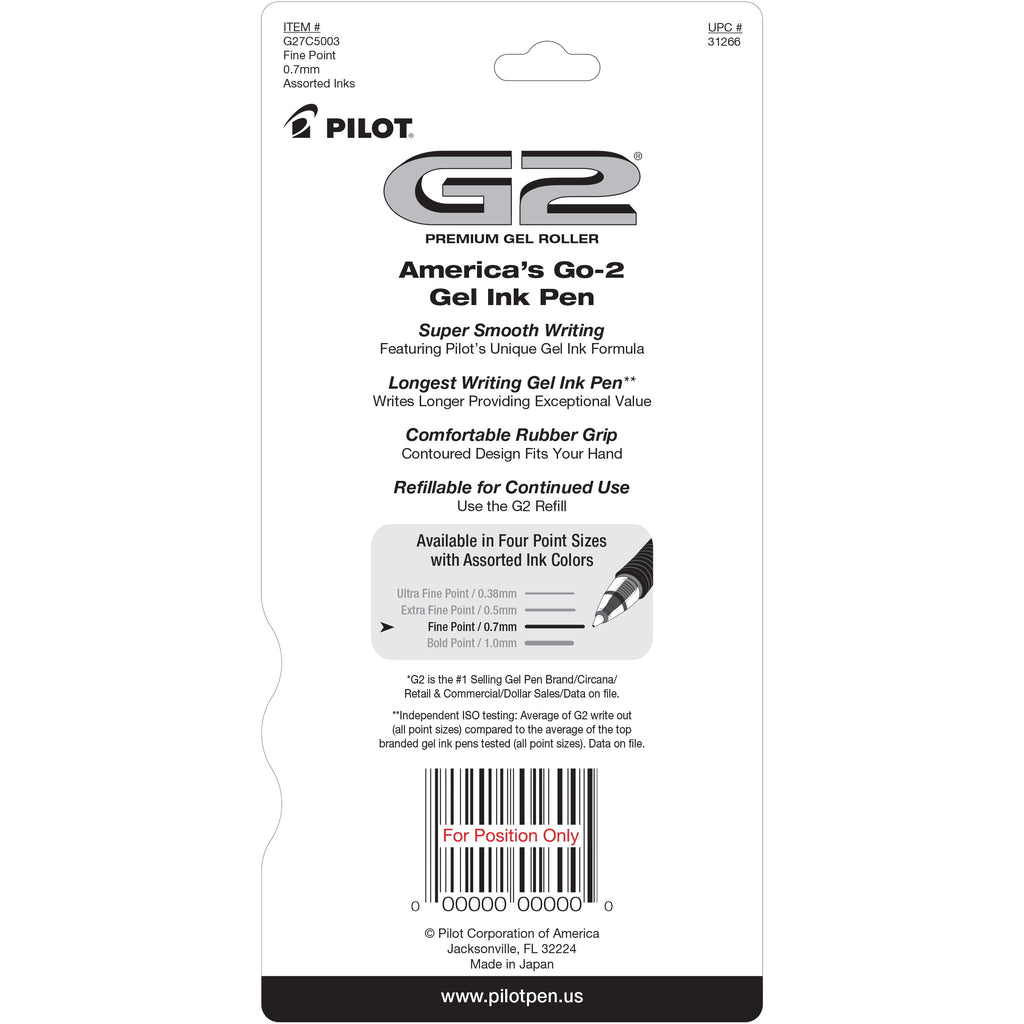 Pilot G2 Premium Retractable Gel Ink Rolling Ball Pen, Fine Point, Assorted Ink, 5 Count