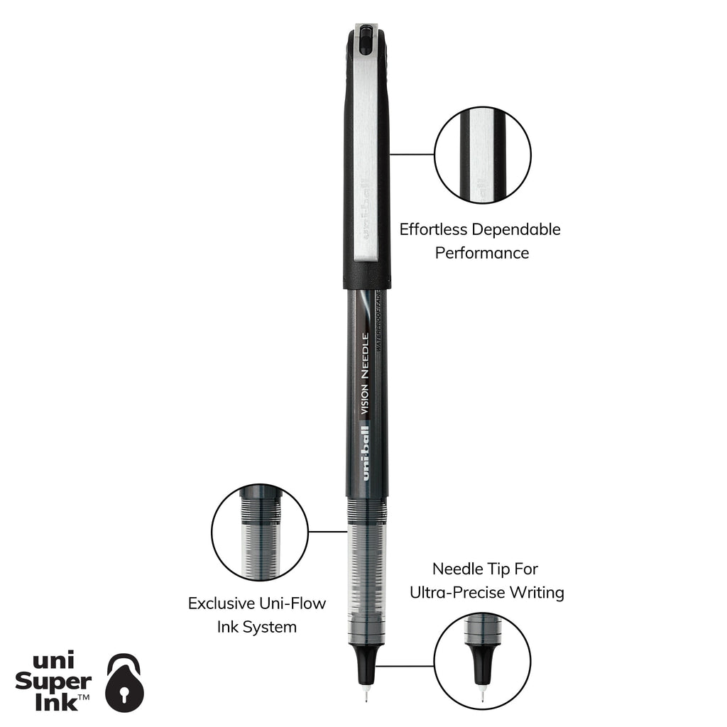 Uniball Vision Needle Rollerball Pens, Micro Point (0.5mm), Black Ink, 12 Count