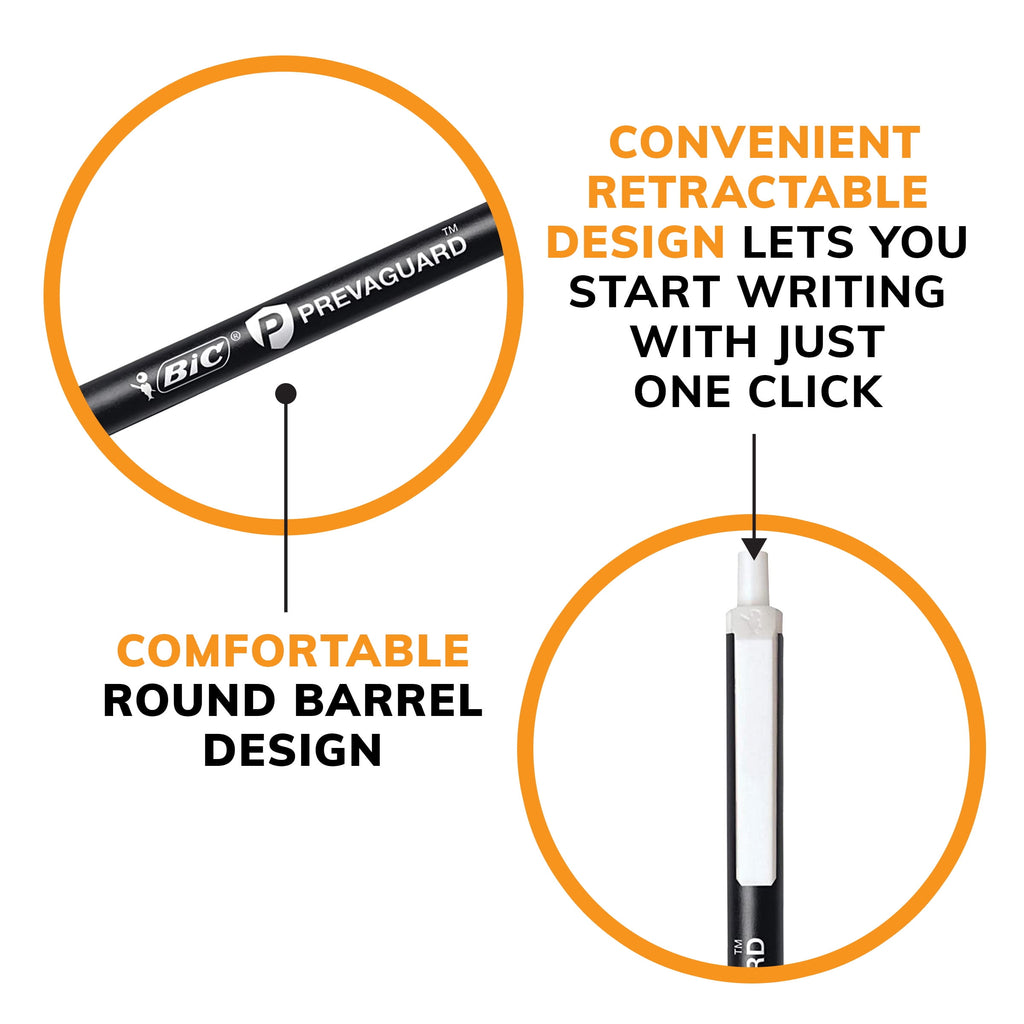 BIC Prevaguard Retractable Ball Pen, Medium (1.0mm), Black, 12 Count