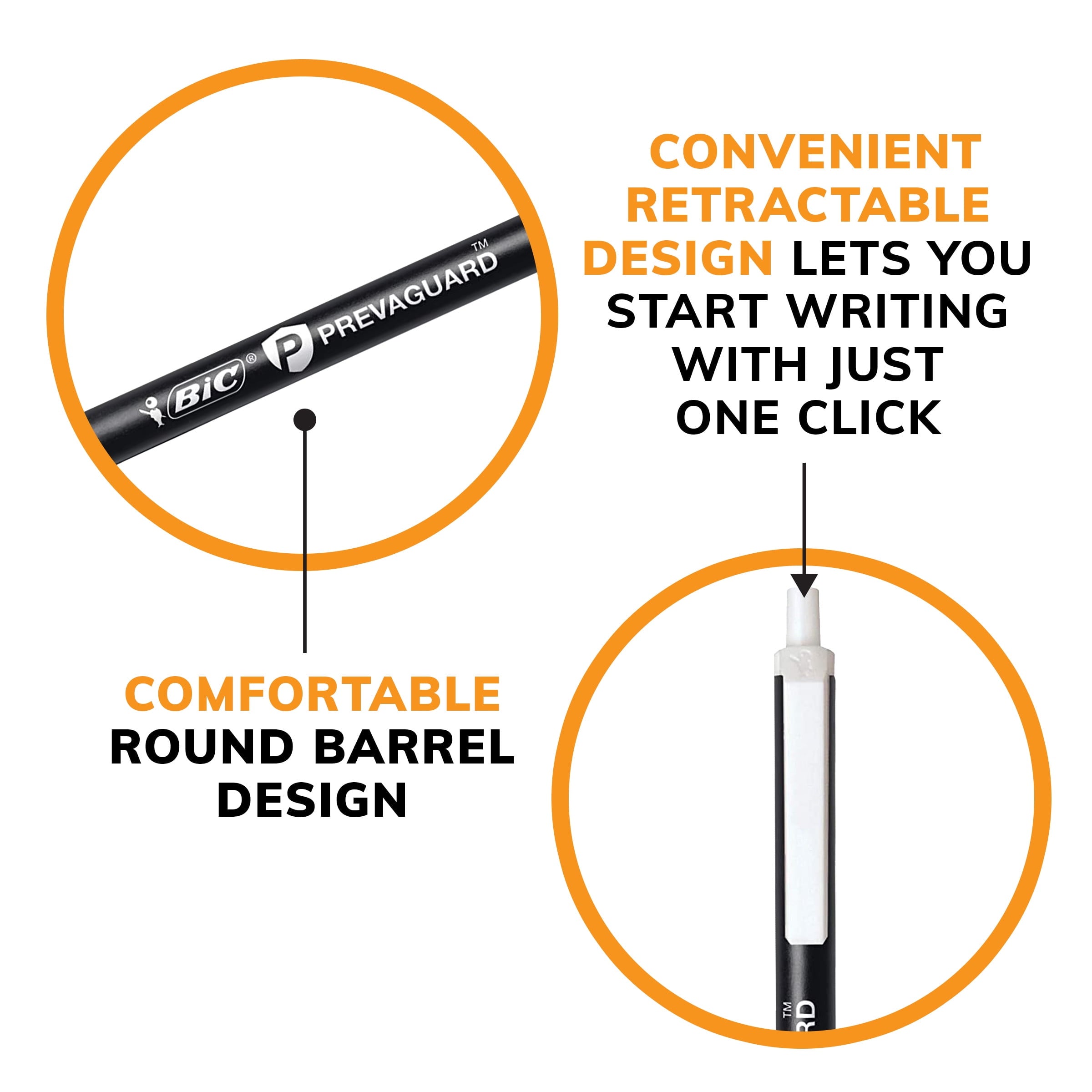BIC Prevaguard Retractable Ball Pen, Medium (1.0mm), Black, 12 Count