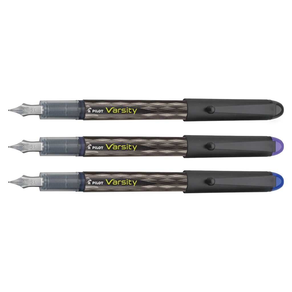 Pilot Varsity Disposable Fountain Pens - Medium Pen Point - Black, Blue, Purple - Black Barrel