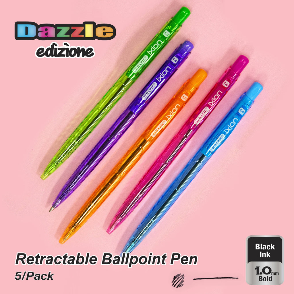 BAZIC Ixion Black Color Retractable Ballpoint Pens, 1.0mm (5/Pack), 1-Pack