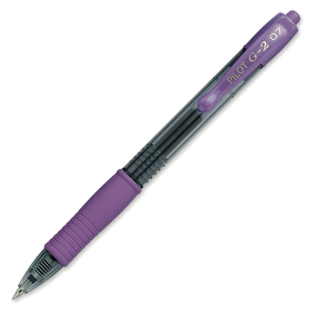 Pilot® G-2® Retractable Gel Pens, Fine Point, 0.7 mm, Clear Barrels, Purple Ink, Pack Of 12