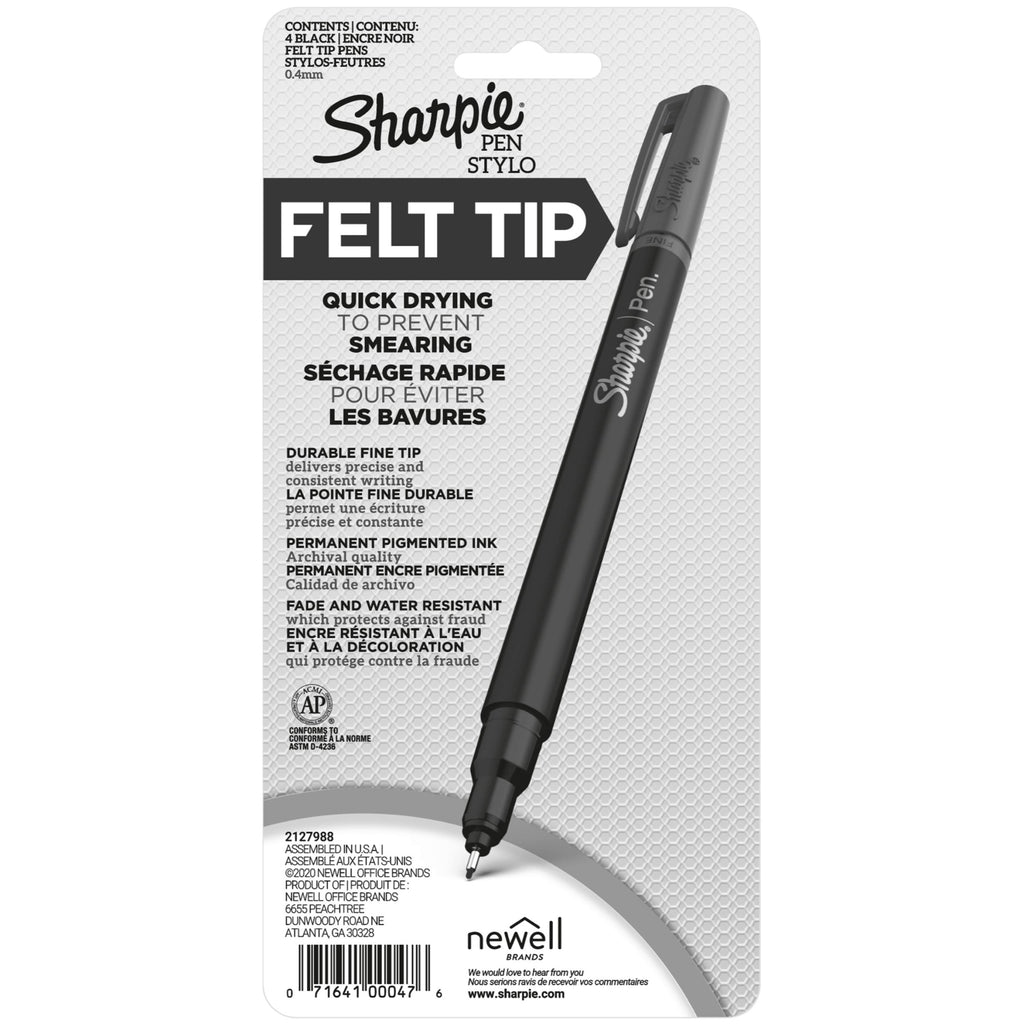 Sharpie Pens, Felt Tip Pens, Fine Point (0.4mm), Black, 4 Count