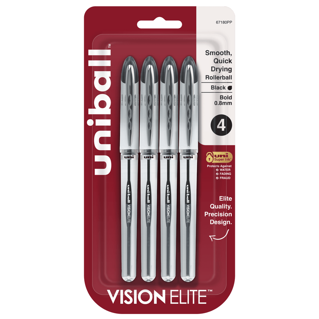 uniball Vision Elite Rollerball Pens, Bold Point (0.8mm), Black, 4ct